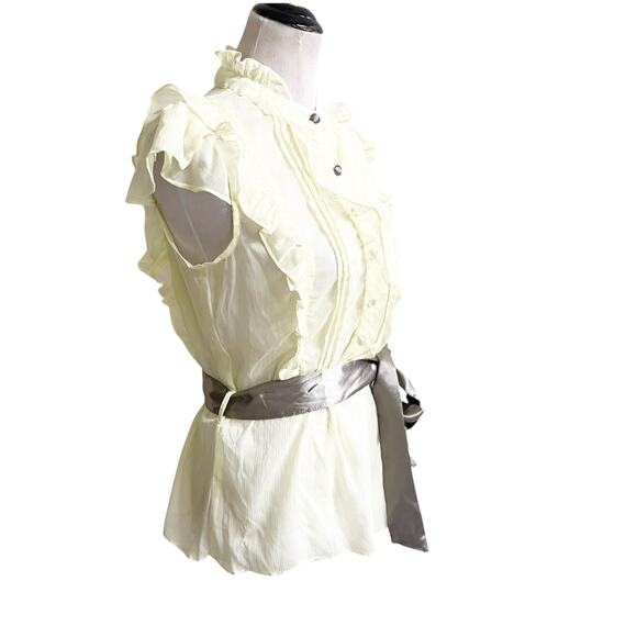 Dimri Y2K Yellow Ruffled Button Front Blouse Satin Tie Sash Size Medium Sheer - Picture 3 of 11